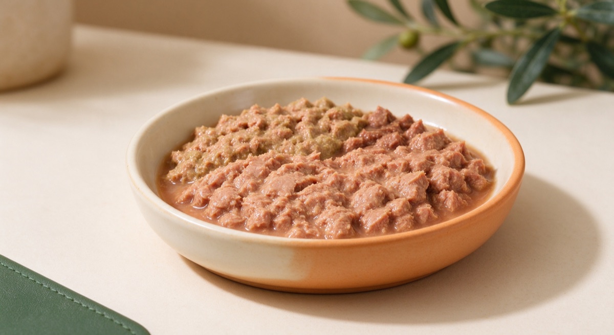 a measured portion of wet cat food in a bowl