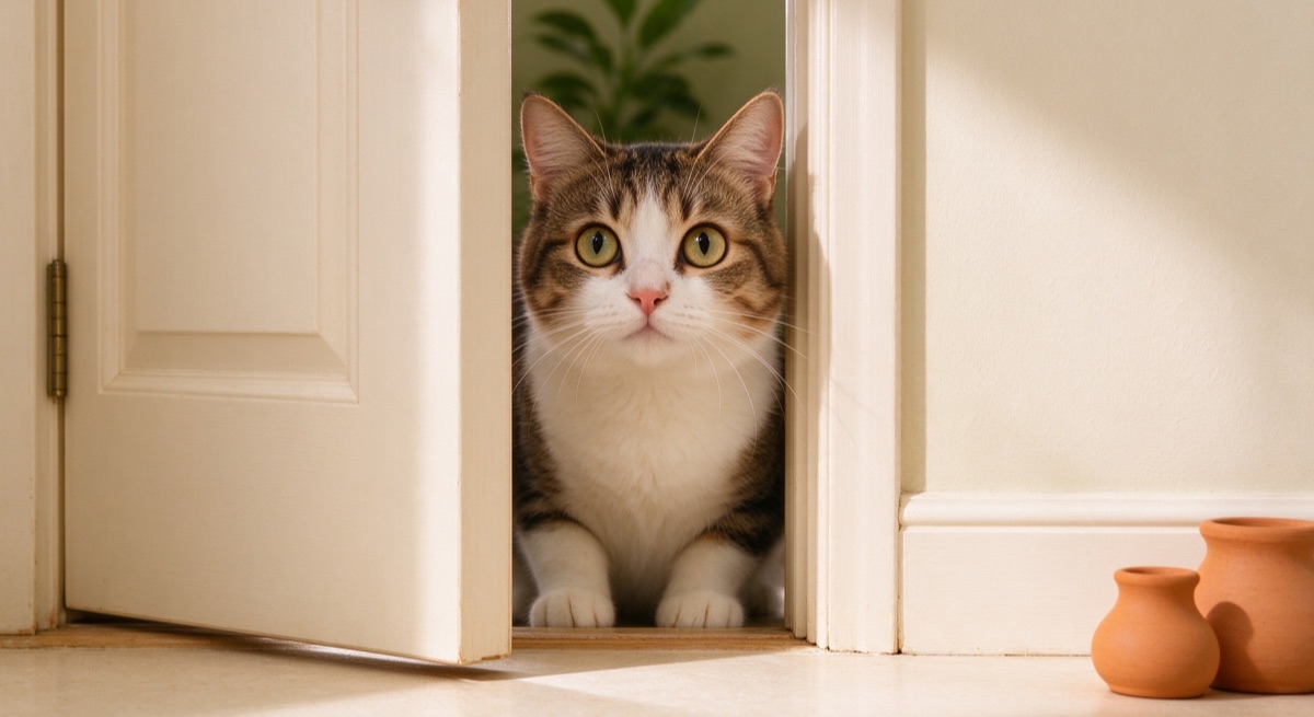 a cat peeking through a slightly open door