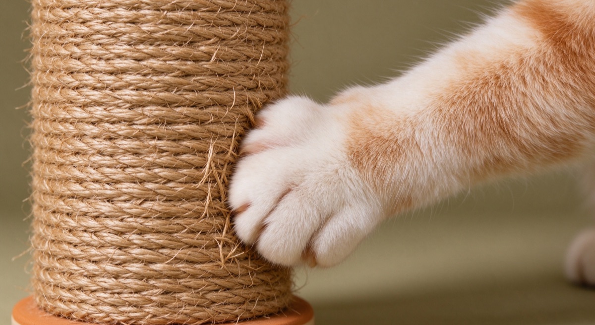 close-up of a cat scratching a sisal post