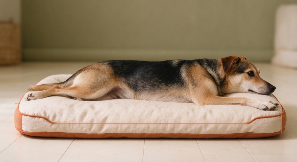 a dog lying stretched out on a bed, showing its full size