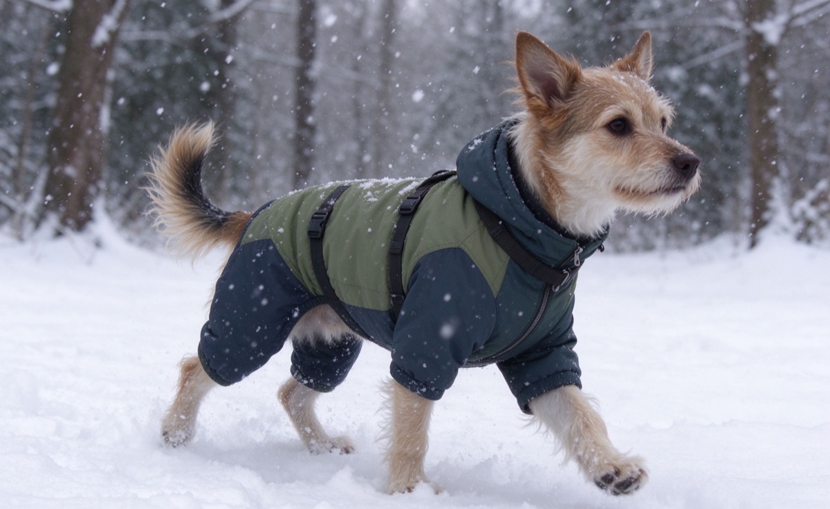a dog in a fitted coat walking through cold weather