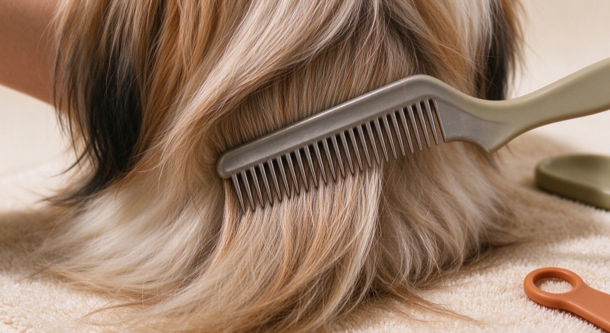 a brush running through a dog's coat