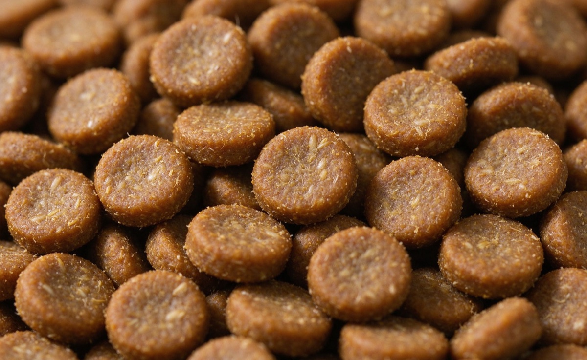 a bowl of dry kibble next to a bowl of wet food