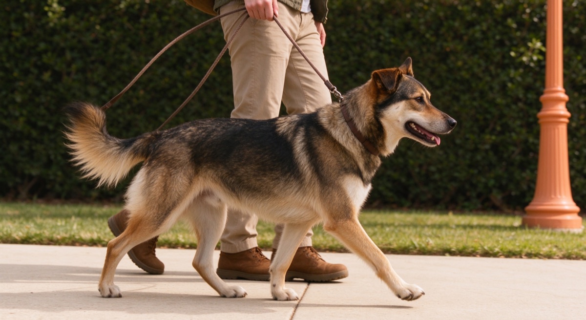 a dog walking calmly on a loose leash