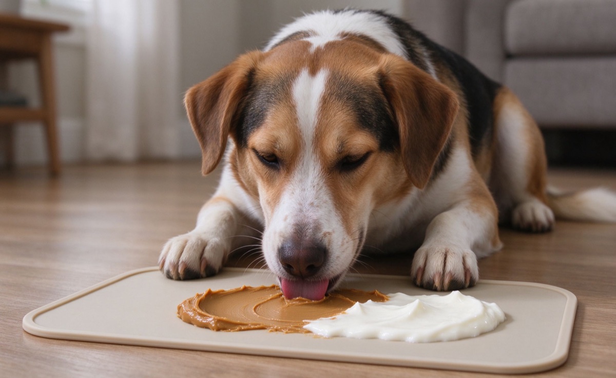 a dog calmly licking a lick mat